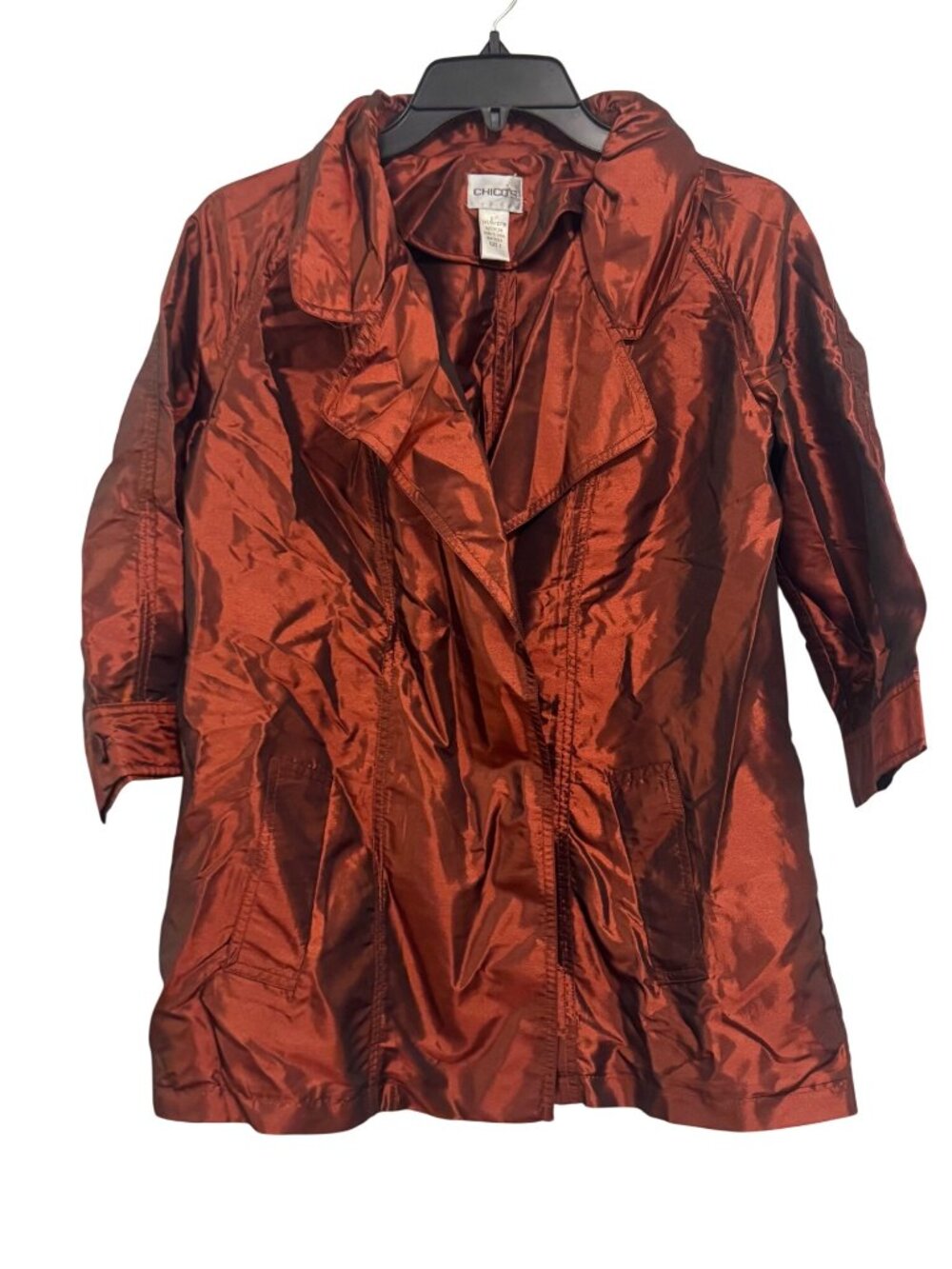 Chicos Rust Satin-Style Jacket Size 1 With Button Cuffs & Pockets